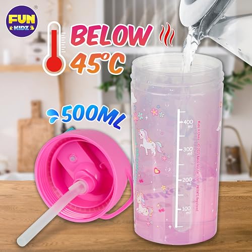 17oz Unicorn Kids Water Bottle, Total My Style Toddler Spout Cover and Carry Handle Design Lid Leak Proof BPA free Cup for Girls Ages 3+ Dishwasher Safe for Sports School Travel with Silicon Straw