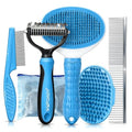 5-in-1 Dog Grooming Kit with Self Cleaning Brush & Rake, Blue | Best Push-Button Self-Cleaning Puppy Grooming Set with Undercoat Deshedding Rake & Steel Combs for All Long Short pet hair - color: Blue