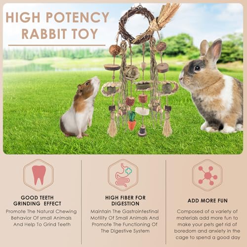 Bissap Bunny Chew Toy, Rabbit Cage Hanging Chewing Toy Treat Christmas Grapevine Wreaths Rattan Ring with Snack Water Grass for Guinea Pig Chinchilla Hamster Rat and Other Small Pet Teeth Grinding - style: Wheat & Vine
