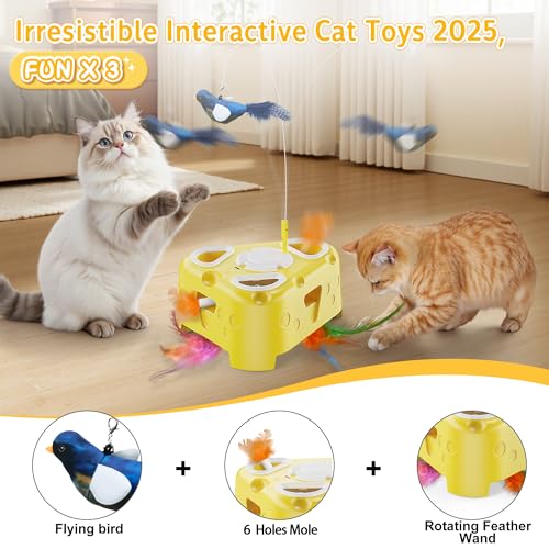 Automatic Cheese-Shaped Interactive Cat Toy – Flying Bird, 6-Hole Mole & Rotating Feather | USB Rechargeable Electronic Feather Toy for Indoor Adult Cats & Kittens, Relieves Boredom | Cheese-shaped non-slip base, 3 play modes, USB-C rechargeable 1200mAh b