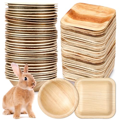 50 Pcs Disposable Palm Leaf Bowls Plates Set for Rabbits 4", Sturdy Bamboo Party Bowls Decorative Compostable Tableware for Bunnies Birthday Outdoor BBQ Picnic Wedding