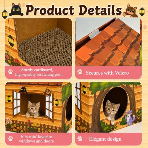 Cinrobiye Cardboard Cat House with Scratcher, Indoor Cat Condo Cat Cave Hideout with Scratch Pad, Cardboard Cat Playhouse Bed for Cats, Kittens, Rabbits & Small Pets (Brown2) - color: Brown2