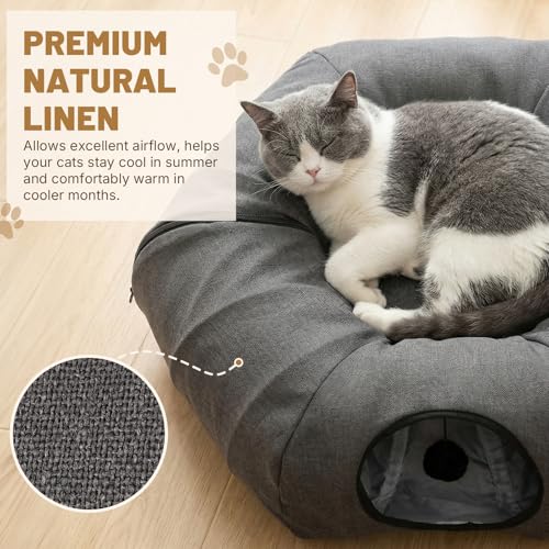 Cat Tunnel Bed for Indoor Cats, Cooling Natural Linen Cat Tunnel 29.5in | Breathable Kitten Toys Cat Tunnel with Washable Mat, Round Pet Tunnel for Kittens, Squirrels Dark Grey - color: Dark Grey, size: Medium