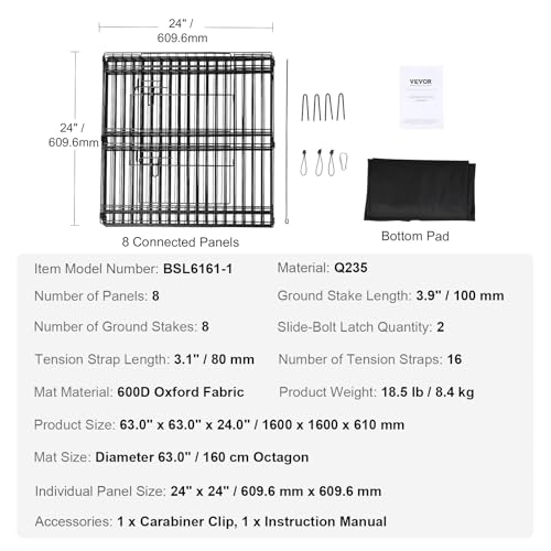 VEVOR Foldable Metal Dog Exercise Pen, Pet Playpen Dog Fence for Camping with Bottom Pad, 24" H 8 Panels, Puppy Crate Kennel Indoor Outdoor for Small & Medium Dogs, Both for Home & Yard Use - size: 8 panels 24*24in, style: Playpen + Bottom Pad