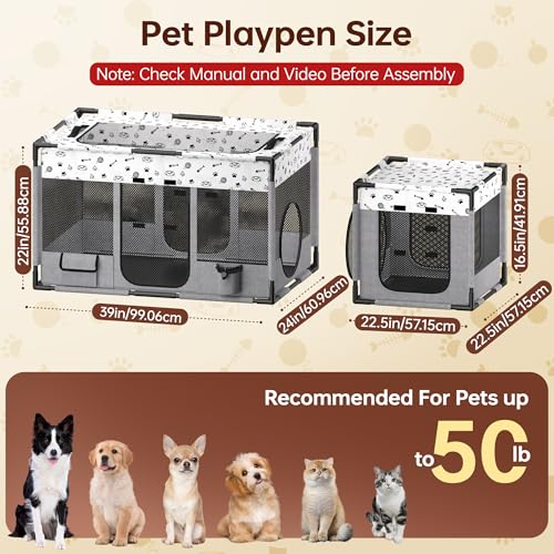 Portable Cat Playpen, Pet Dog Playpen, Kitten Puppy Play Pen for Indoor/Outdoor, Collapsible Cats Cages Enclosed Tent with Carrying Case, PVC Pipe Frame, 600D Oxford, 39" x 24" x 22"