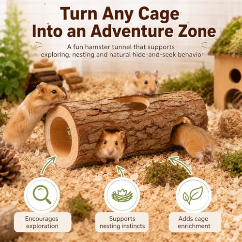 Toddmomy Wooden Hamster Hideout Tunnel for Small Animals 5.90X2.36X2.36In Rat and Guinea Pig Shelter Tube Habitat Safe Play and Rest Space