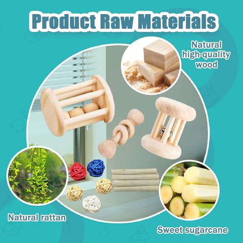 QWR 23 PCS Natural Wooden Rabbit Toys,Safe Bunny Chew Toys for Teeth,Grass Timothy Sticks,Sweet Bamboo,Guinea Pigs Teeth Grinding Toys for Chinchillas, Hamsters & Small Animals - Indoor & Outdoor - size: 23PCS