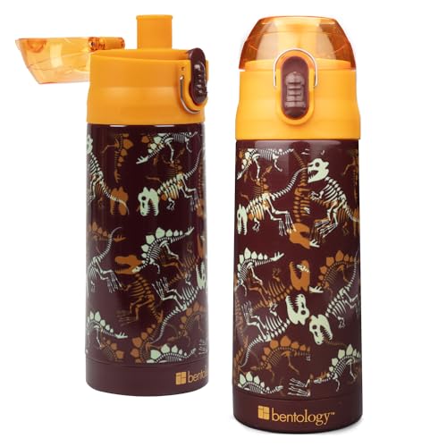 Bentology Stainless Steel 13 oz Reusable Water Bottle for Kids, Dinosaur - Double Wall Insulated, Spill Proof Lid w/Built-in Straw- Keep Liquids Hot or Cold For Hours- Fits in Lunch Boxes & Bags | Double Wall Insulated, Spill Proof Lid W/Built-in Straw- K
