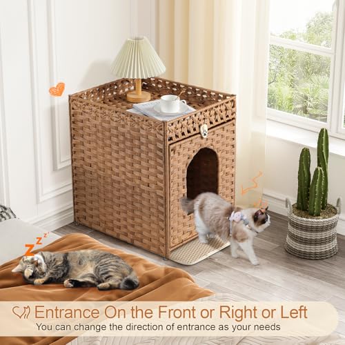 Snughome Cat Litter Box Enclosure Furniture Hidden with Litter Mat, Hidden Washroom Furniture with Door, Handwoven Rattan Cat Washroom Box, Indoor Pet House for Living Room, Bedroom(Natural) - color: Natural