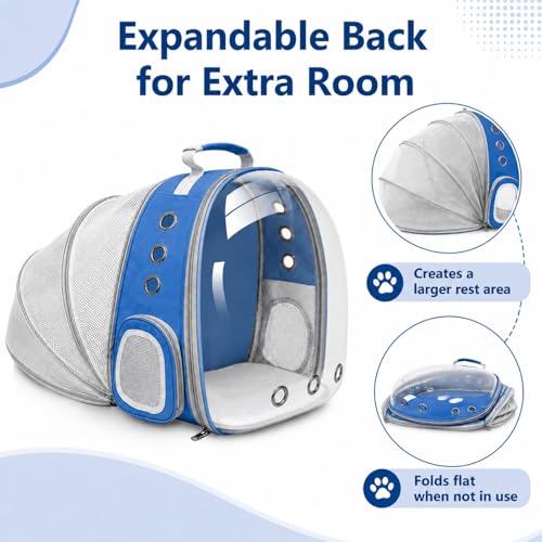 Expandable Cat Carrier Backpack with Bubble Window, Blue | Breathable mesh, anti-collapse frame, side door, safety leash and escape-resistant zippers for vet visits and outdoor travel. - color: Blue
