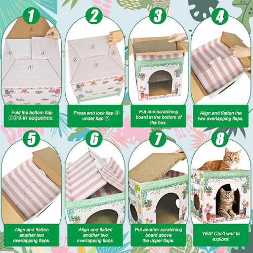 Cinrobiye Cardboard Cat House with 2 Pcs Scratching Pad，Pet Hideaway Cave Board Bed Playhouse Condo Box Decor Small Animals Scratcher Bed for Indoor Cats Kittens Rabbits Bunny - color: Green