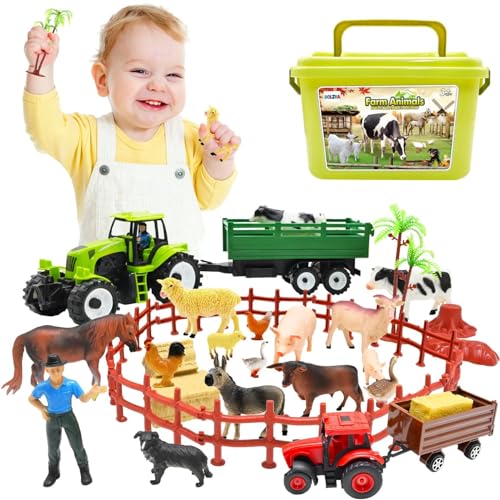 BOLZRA Farm Animal Figures Toy, Realistic Plastic 2 Farm Tractors Playset with Trailer, Farmer Fence Storage Box, Christmas Birthday Easter Gift for Kids 3-8 - style: Farm Animals Figures