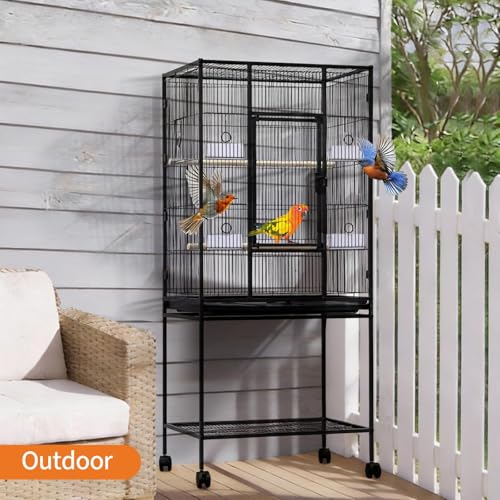 Spacious Flight Bird Cage with Rolling Stand & Storage Shelf - Durable Wrought Iron Parrot Home - Easy Clean, Ideal for Parakeets, Cockatiels, Conures, Lovebirds, Cockatoos - size: 34.1"L x 24.6"W x 4.7"H