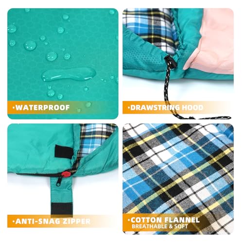 Cotton Flannel Lined Sleeping Bag for Adults Teens Kids, Cold Weather & Warm, 3 Seasons, Lightweight Compact Camping Essentials Equipment, Hiking, Outdoor, Travel - color: Green Pink