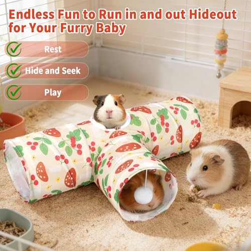 Rypet Guinea Pig Tunnel Hideout 3-Way Collapsible Small Pet Tubes, Cherry | 3 Way Design for Exploration, Collapsible for Easy Storage, Built-in Play Ball, Hiding & Resting for Hamsters Ferrets - color: Cherry