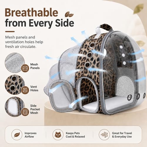 Expandable Cat Carrier Backpack with Bubble Window, Animal Print | Breathable mesh, anti-collapse frame, side door, safety leash and escape-resistant zippers for vet visits and outdoor travel. - color: Leopard Print