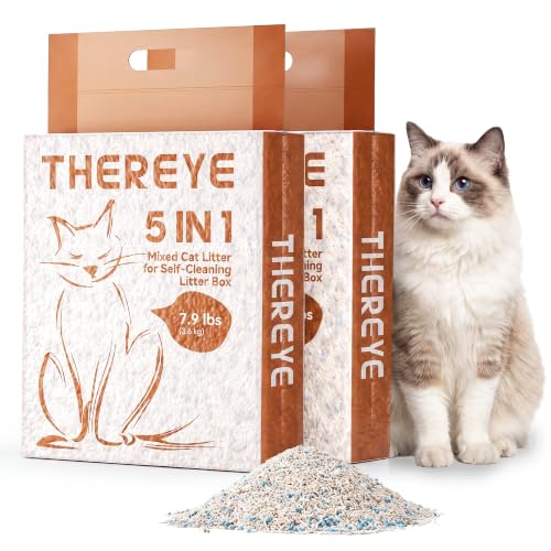 Thereye 5-in-1 Mixed Cat Litter, Upgraded for Automatic Litter Box, Fast Clumping, Ultra Absorbent, Dust-Free Natural Clumping Cat Litter, Odor Control, Non-Sticky for Multi-Cat Households (7.9lbs*2)