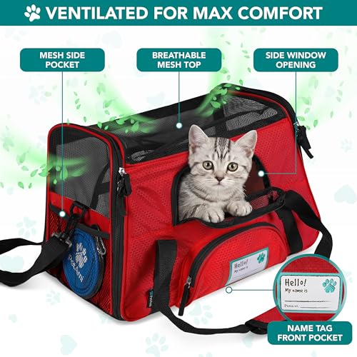 PetAmi Airline Approved Pet Carrier for Cats & Small Dogs, Large, Red | Soft Sided TSA Travel Bag, Sherpa Bed, Breathable Mesh Ventilation, Collapsible Bowl, Fits Under Seat, Up to 18 lbs - color: Red, size: Large - 19.5"L x 10.2"W x 12"H