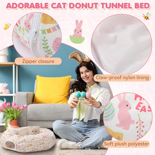 Aliceset Easter Bunny Cat Tunnel Bed for Indoor Cats 3ft x 3ft x 10in Foldable Cat Donut Tunnel with Washable Cushion Easter Rabbit Peekaboo Cave Toy for Small Kitten Kitty