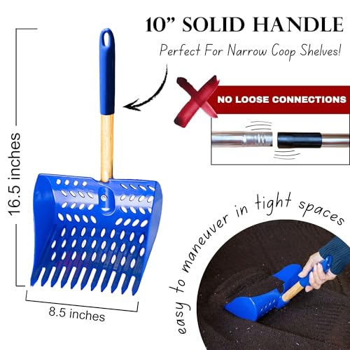 The Coop Scoop® Shelf 2-in-1 Chicken Poop Scooper & Rake, 10" Handle | Made in The USA, Patented, Durable Sand Sifting Litter Shovel, For Chicken Coops & Small Farm Animals - size: SHELF 10" Handle