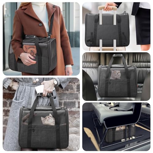 JUNGYOUN Premium Cat Carrier - Pet Carrier for Cat & Small Dogs up to 15lbs - Airline Approved Travel Dog Carrier with Anti-Escape Zippers, Collapsible Travel Bowl & Padded Strap - color: Dark Grey, size: 17.5"L x 12.4"W x 13.5"H