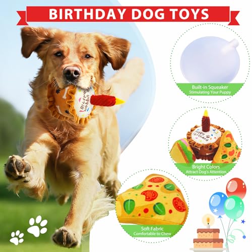 Dog Birthday Toys Set 3 Pack Cake Sandwich Pizza Plush Squeaky | Happy Barkday Gift for Small Medium Large Dogs Cuddle Interactive Chew Soft Stuffed Puppy Christmas gift with Crinkle - style: Cake Shape