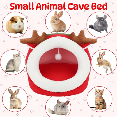 YUEPET Christmas Pet Bed, Reindeer Cave, Bunny Hideout, Guinea Pig Hideout | Semi-Closed Reindeer Cave, Warm Plush Fabric, Removable Cushion, Washable Bed, Anti-Slip Base, Size S, 13.8 in