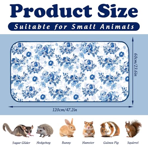 JarThenaAMCS 3 Packs Guinea Pig Pee Pads 24" x 47" Reusable Guinea Pig Pee Mat Watercolor Blue Flower Washable Small Animal Cage Liner for Rabbit Hamster Chinchilla Ferret Rat - style: blue flower