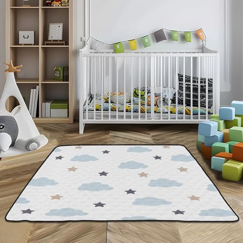Baby Play Mat Blue Clouds Stars White Doodle 50 x 50 Playpen Mats for Floor Play Gym Crawling Mat Non-Slip Cushioned Baby Playmat for Infants, Babies, Toddlers - color: multi 17