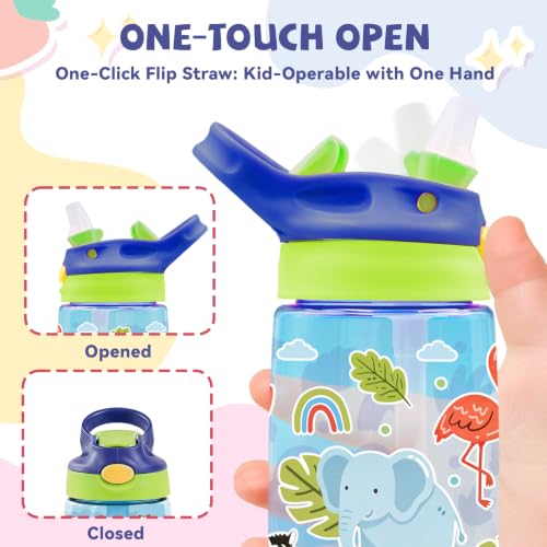 Kids Plastic Water Bottle - Jungle Animal Water Bottle for Kids, 14oz Plastic Water Bottles with Straw Lid, Leakproof BPA-Free Fun Animal Water Bottles for Home Sports Travel, Pop-Up Straw Cover, Blue - color: Jungle Animals
