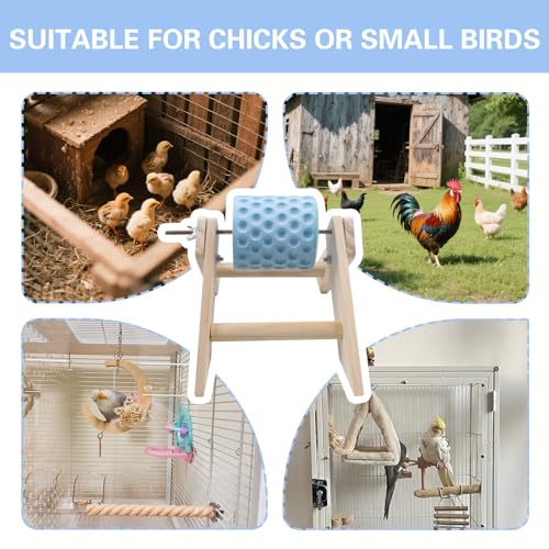 Rotating Chicken Chewing Toy, Chick Beak Grinding Calcium Stone with Wooden Stand, Small Chicken Coop Enrichment Toys for Chick, Hamster, Budgies, Parrot and Other Small Animals (Blue)