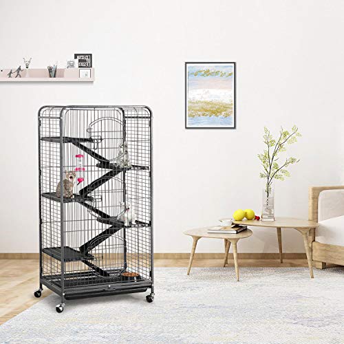 Yaheetech 52-inch Ferret Cage 6 Level Metal Rat Cage with 3 Front Doors/Feeder/Wheels Small Animal Cage for Ferret/Chinchilla/Bunny/Rabbit/Squirrel, Black - size: 52"