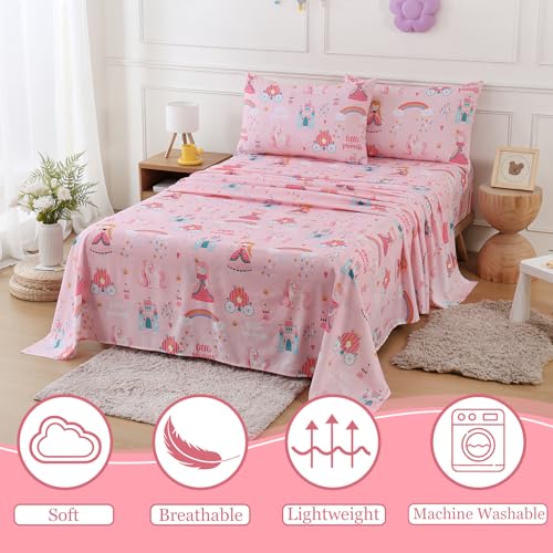 Twin Sheet Set for Girls, Pink Princess Themed Kids Bed Sheets 3 Pieces | Soft Breathable Printed Microfiber Bed Sheet for Kid Room,Fitted Sheet with 15 inch Deep Pocket and Pillowcase Set - color: Princess, size: Twin