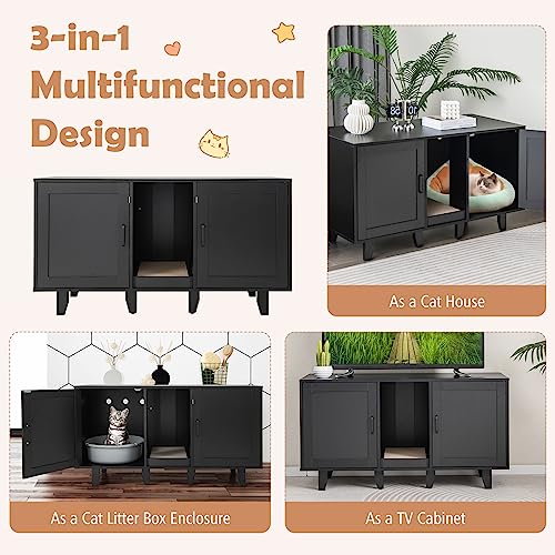 PETSITE Litter Box Enclosure for 2 Litter Boxes, Hidden Cat Washroom TV Stand End Table with 2 Cabinet, Scratching Board, Indoor Cat Litter Furniture, Patented - color: Black
