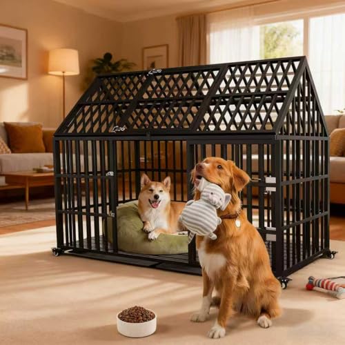 Heavy Duty Dog Crate for Large Dogs, 58 inches Extra Large Dog Kennel Indoor, Roof Dog Cage for High Anxiety Dogs - size: 58''