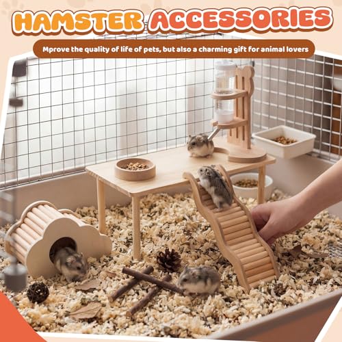 5 Pcs Hamster Cage Accessories, Wood Hamster Play Wooden Platform Water Bottle with Stand Climbing Set for Rat Mice Small Animals Pets Habitats Woodland Decor(Cloud Villa) - style: Cloud Villa