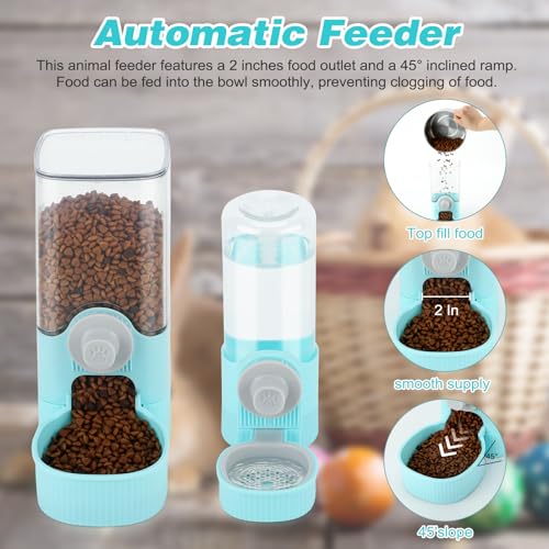 YUEPET Rabbit Water Dispenser & Food Dispenser Set, Automatic Rabbit Feeder | Bunny Feeder and Rabbit Water Bottle, 1.2L Feeder, 0.52L Waterer, Cage-Mount Design for Guinea Pig Chinchilla Ferret Cat - color: Blue
