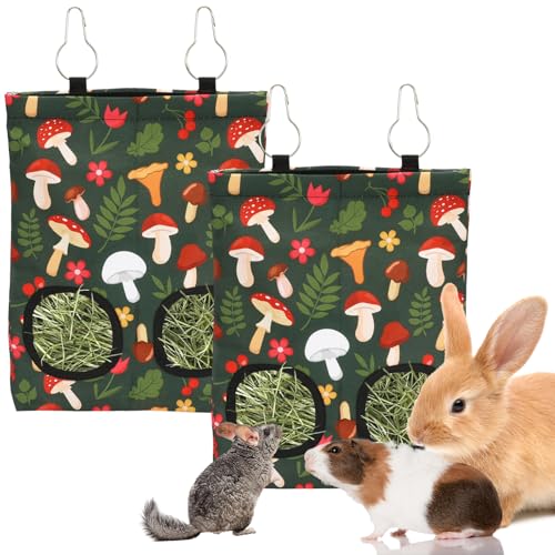 JarThenaAMCS 2Pcs Rabbit Hay Feeder Bag with 2 Holes 11.5 x 9 Inch Mushroom Guinea Pig Hanging Hay Feeding Bag Storage Dispenser for Chinchilla Hamster Bunny Small Animal Pet