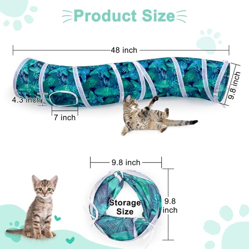 Glittme S-Shape Cat Tunnel, Foldable Cat Tunnels for Indoor Cats | Interactive Bunny Tunnel And Cat Tubes With Crinkle Sounds. Ideal For Kittens, Ferrets And Small Pets To Hide, Play Or Rest - color: Green Leaves