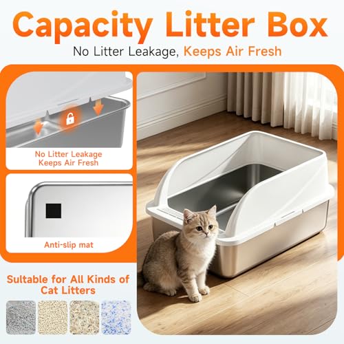 Stainless Steel High-Sided Cat Litter Box with Scoop - Medium | Open top litter pan for indoor cats. Easy to clean design significantly reduces litter scatter.