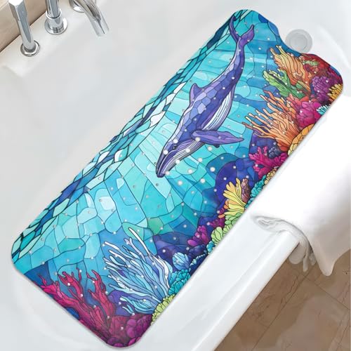 EAN Animals Bathtub Mat Non Slip, Sea Baby Bath Mat for Tub Rubber Tub Mat, Cute Toddler Kids Bath Mats for Bathroom Whale Anti Slip Shower Mat with Suction and Drain Holes Machine Washable, 40″x16″ - color: D04, size: 40" x 16" (Rectangular)