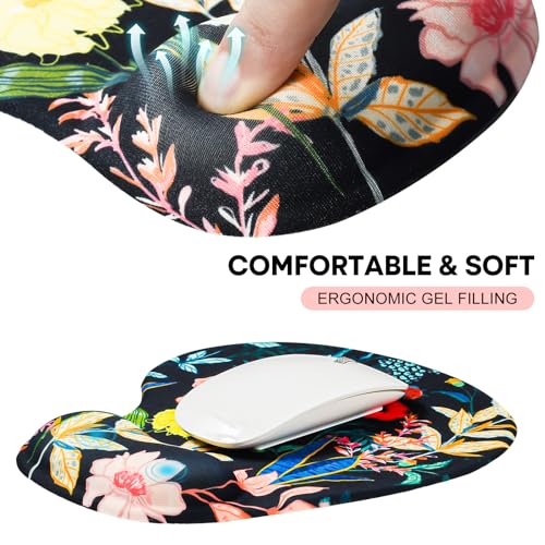 JIKIOU Ergonomic Mouse Pad with Gel Wrist Rest 2Pack, Portable Small Flower | Upgraded-Prevent Gel Leakage, Ergonomic Design for Pain Relief, Cooling Gel filled, Smooth Lycra Surface, Non-Slip PU Base - color: 03Black-Flowers