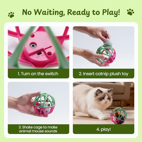 Cat Toys for Indoor Cats - Interactive Ball Cage Cat Toy with Realistic Mice Sounds & 2 Catnip Plush Toys, Motion-Activated Hunting Simulation Toy for Cats - color: Gray