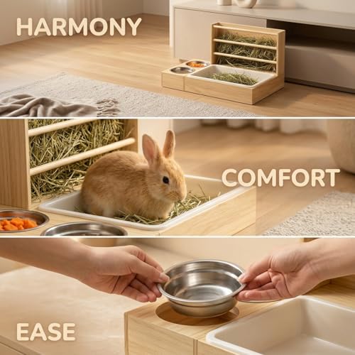 3 in 1 Rabbit Hay Feeder with Litter Box, Wooden Bunny Hay Holder Feeder Toilet Combo with 2 Stainless Steel Bowls and Removable PP Tray for Rabbits, Guinea Pigs,Small Animals