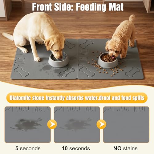 Double-Side 2 in 1 Stone Pet Food Mat & Cooling Mat (31"*16") | Instant dry water absorbing Diatomite Stone Dog Bowls Drying Mat & Heat dissipating Pet Cooling Mat. Bite-Proof & Non-slip. - color: DARK GREY, size: 31"*16"