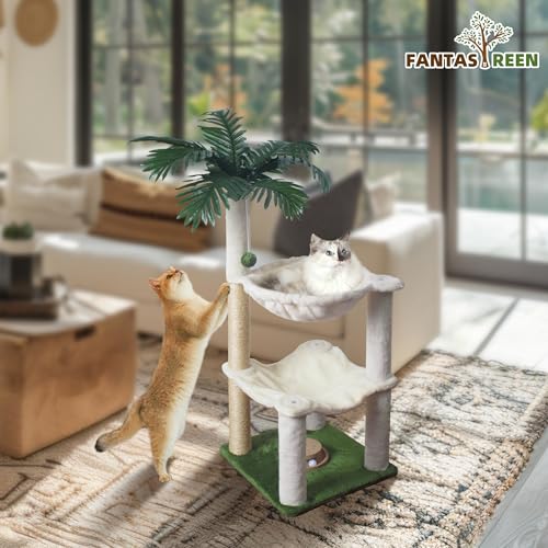 Fantasreen Cat Tree 40'' with Double Hammock & Interactive Toy for Indoor Cats - color: White-40 Inches