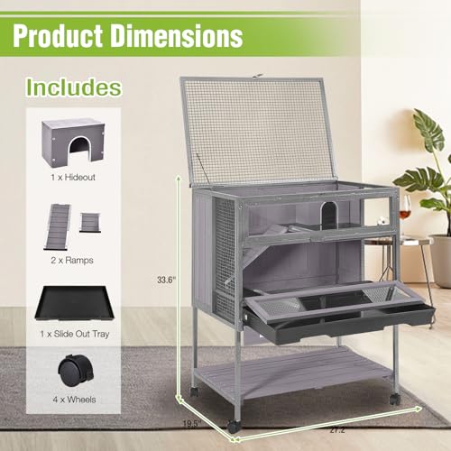 GUTINNEEN Guinea Pig Cage for Small Animals, Hamster Cage with Metal Iron Frame & Chew-Proof Aluminum Edges, 2-Story Small Animal Cage with Leak-Proof Tray, Hideout, and Storage Shelf, Black - color: Black and Gray