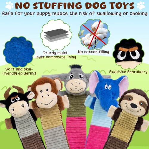 No Stuffing 5 Pack Dog Squeaky Toys, Chew with Crinkle to Large Puppy | Interactive to Keep Pets Busy, Durable Plush Pet Teething Toys, Toss, Fetch, Tug of war Play, Best Birthday Holiday Gift - color: Grey,blue,balck,khaki,coffee