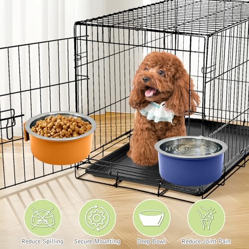 Tfwadmx 6 Pcs Crate Dog Bowl Cat Removable Stainless Steel Food and Water Feeder Hanging Cage Bowls Coop Cup with Cleaning Set for Pet Puppy Bird Rat Guinea Pig Ferret Bunny Rabbit - color: navy,blue,yellow,orange,pink,green (6 PCS)