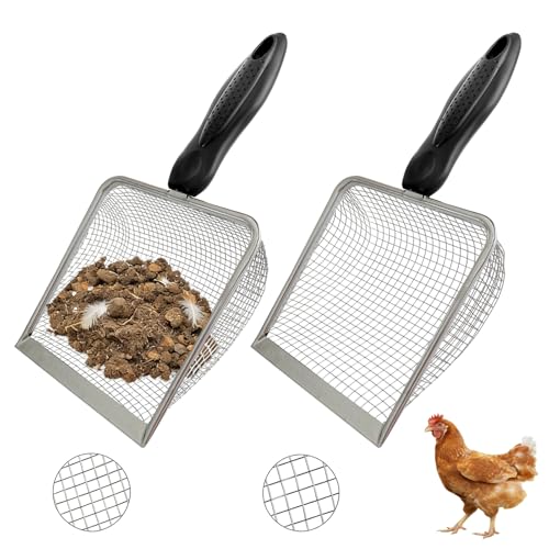 2 Pack Chicken Poop Scooper for Coop, Mesh Sifting Shovel 3.8mm 5mm Holes | 5.5" Metal Chicken Coop Rake and Scoop Cleaning Tool, Scooper Shovel for Sifting Sand, Litter, Chicken Supplies - size: 5.5" 2 Set